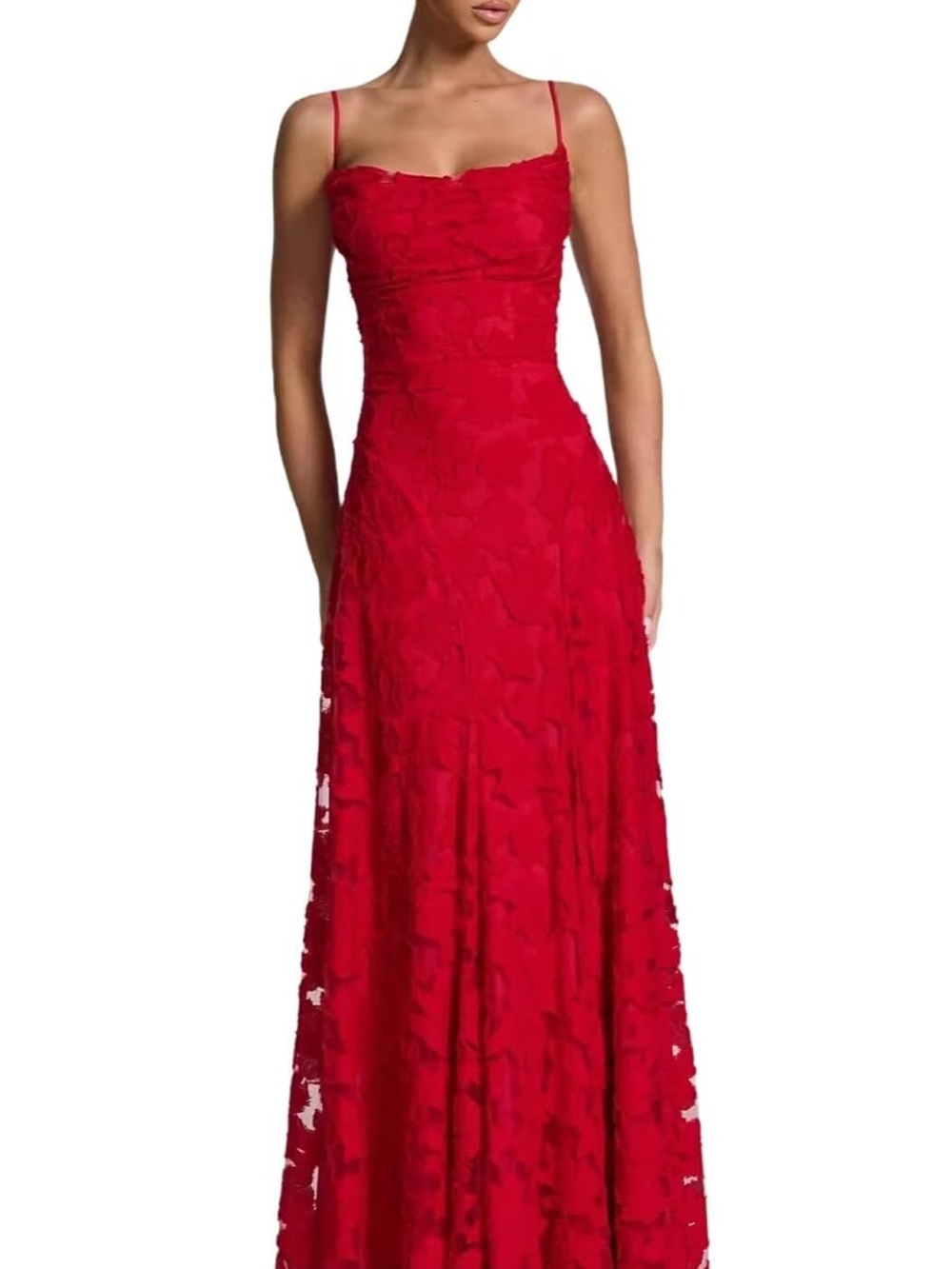 Red Lace Maxi Dress with Spaghetti Straps